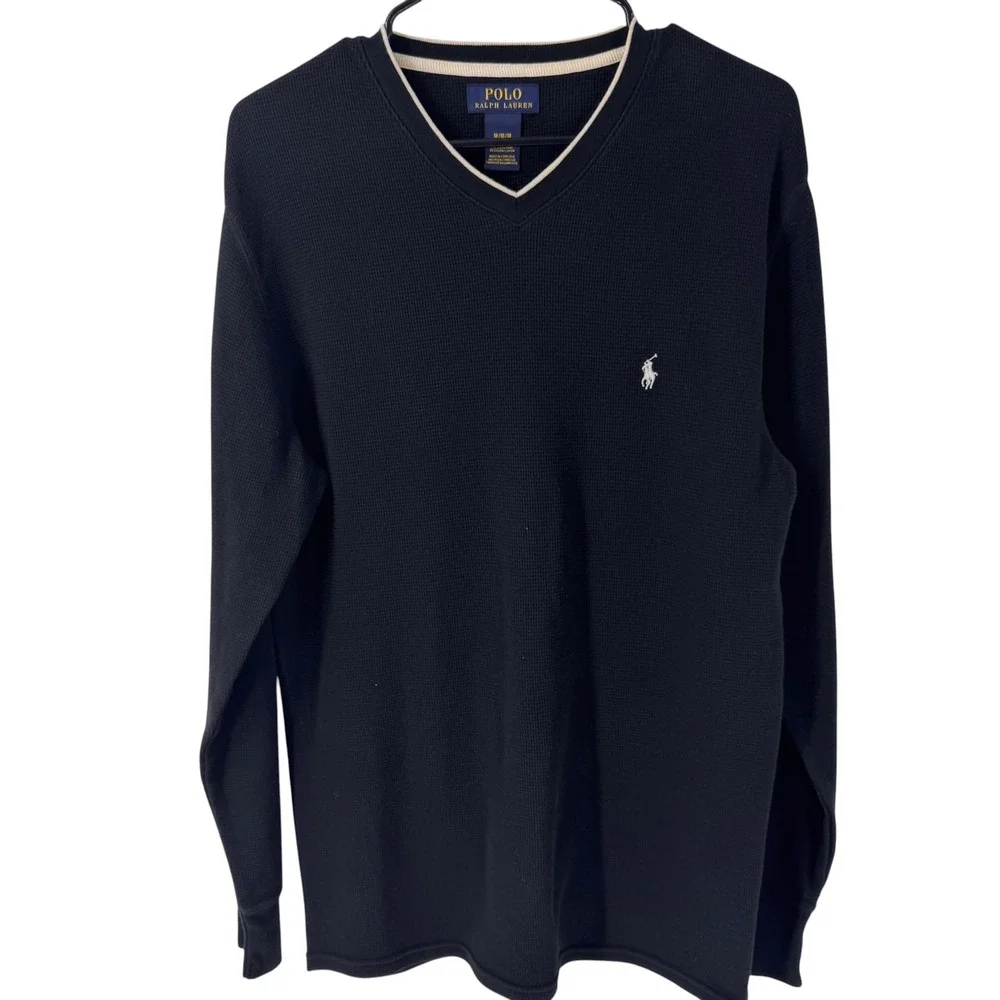 Polo Ralph Lauren Mens Navy Blue Waffle Knit V-Neck Thermal Shirt Size Medium